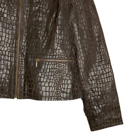 Alfani Petite Brown Leather Jacket Crew Neck Snake Skin Pockets Peplum PP - Picture 6 of 16